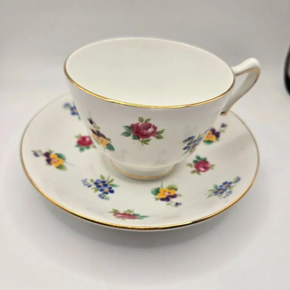 Vintage Bone China Tea Cup Saucer Crown Staffordshire England Floral Gold Trim